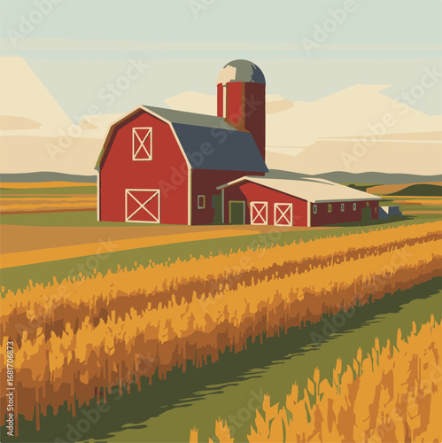Geometric Abstract Farm Scene with Red Barn, Silo, and Wheat Field