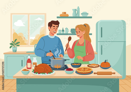 Smiling couple cooking Thanksgiving dinner together in a bright kitchen