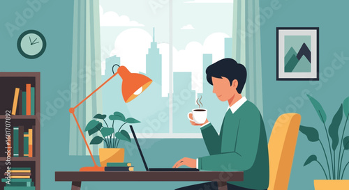Tranquil home office scene featuring a man enjoying coffee during work