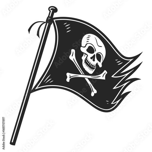 Black and white pirate flag with skull and crossbones on white background Keywords: pirate flag, Jolly