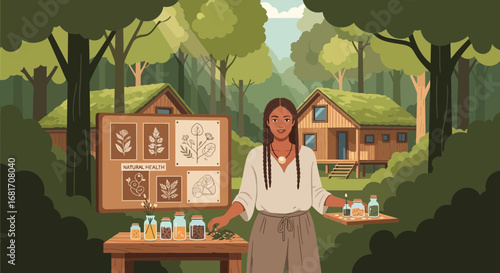 Illustration of a woman practicing herbal medicine in a forest setting near cabins