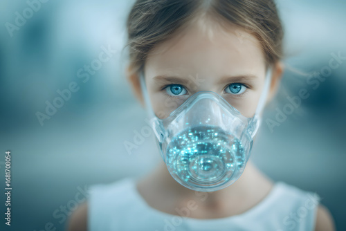 A young girl wearing a protective mask against pollution