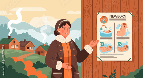 Illustrated presentation of newborn care guidelines in a rustic setting