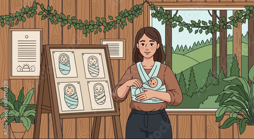 Loving Mother and Child Embracing Natural Setting Surrounded by Artwork Depicting New Beginnings