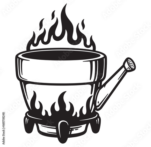 Hand-drawn illustration of a vintage charcoal grill with flames and a watering can detail.