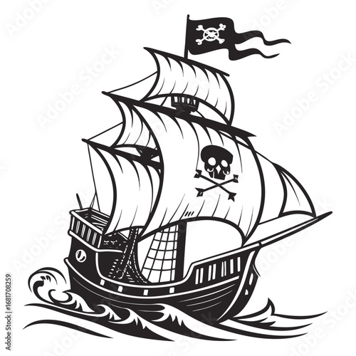 Black and white silhouette of a pirate ship with Jolly Roger flag on white background sailing ocean