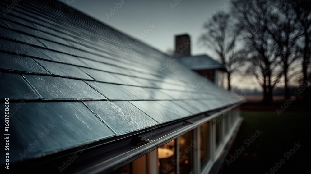 Fototapeta premium Medium shot capturing the subtle curve of thinfilm solar panels affixed to an irregular roof surface with the house and sky gently blurred behind.