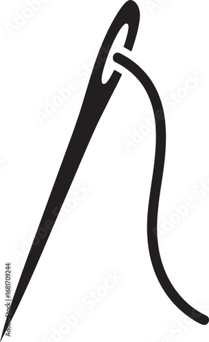 Elegant black silhouette of a sewing needle with a single thread looped through its eye.