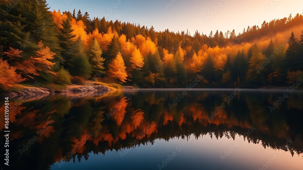 Obraz premium Tranquil forest lake reflecting golden sunset and autumn foliage, radiating serene beauty.