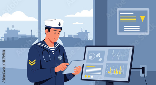 Naval Doctor Monitoring Patient Health Data with Technology onboard vessel