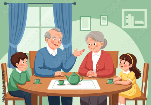 Grandparents telling stories at the table with grandchildren in a cozy living room