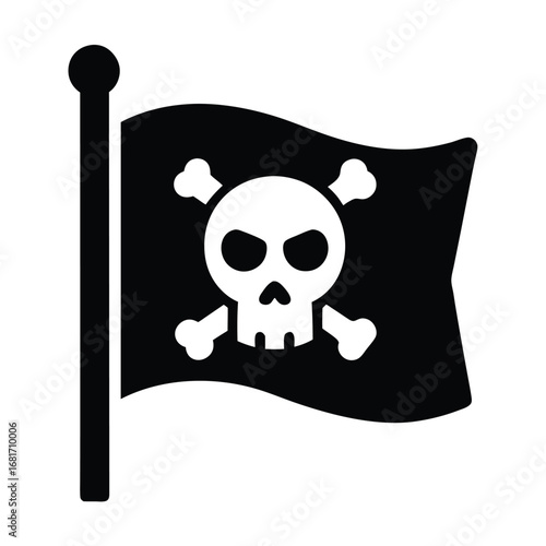 Black pirate flag with white skull and bones on white background Keywords: pirate flag, skull, crossbones