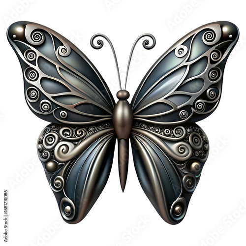 Intricate silver butterfly with ornate wings and detailed antennae displayed frontally transparent background