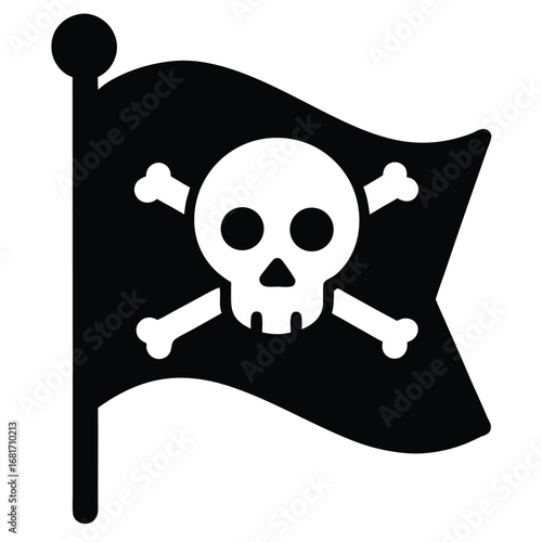 Black Pirate Flag With White Skull And Crossbones Waving On White Background Jolly Roger piracy