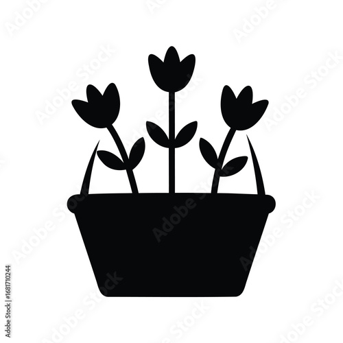 Black and white illustration of three flowers in a basket planter
