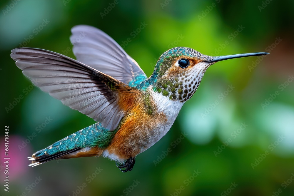 Fototapeta premium Hummingbird hovering near flowers in a vibrant garden during daytime
