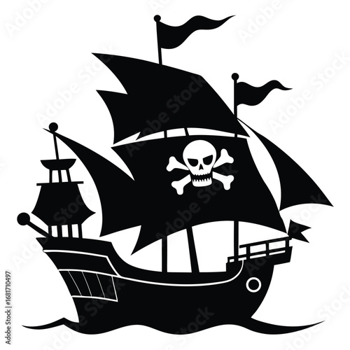 Black silhouette of a pirate ship with Jolly Roger flag and detailed hull skull and crossbones