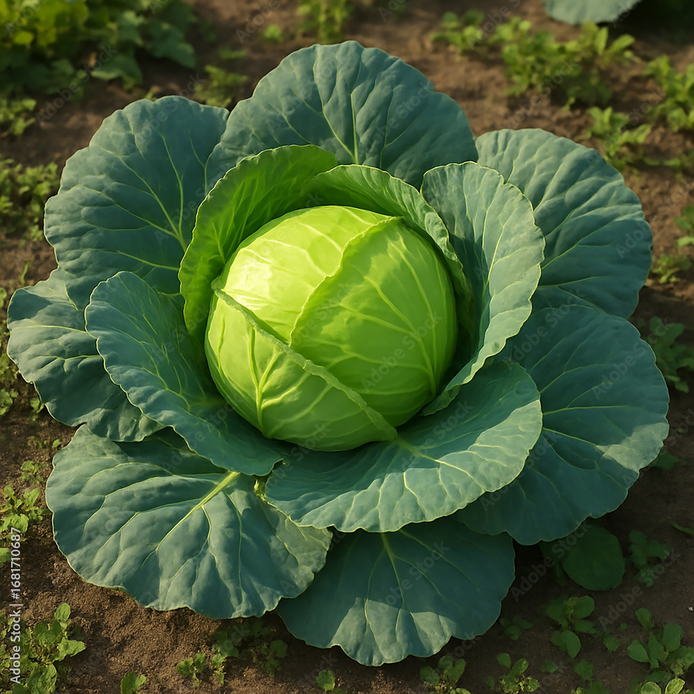 Obraz premium Freshly grown green cabbage head with large outer leaves in garden soil top view