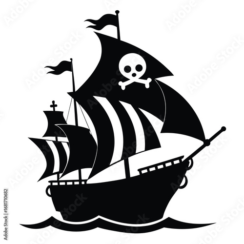 Black silhouette of a pirate ship with Jolly Roger flag sailing on white background ocean waves