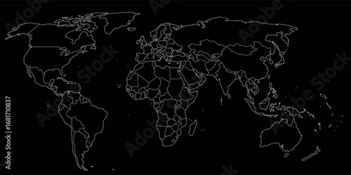 Contour world map in white colors on total black background. Simple outline icon.