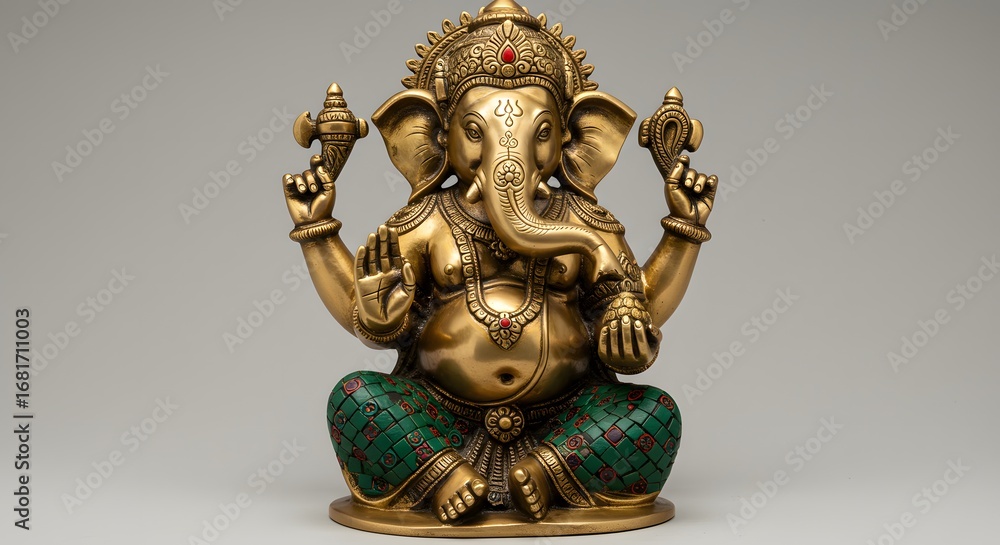 Fototapeta premium Golden Ganesha Statue Sitting Ornament With Green Pattern on Gray Background