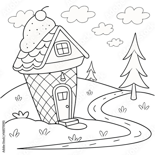 kawaii ice cream cone house line art vector illustration of coloring page for kids and adults
