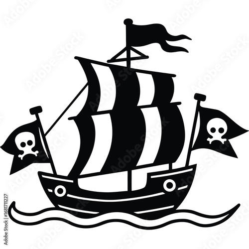 Black silhouette of a pirate ship with skull and crossbones flags on waves white background