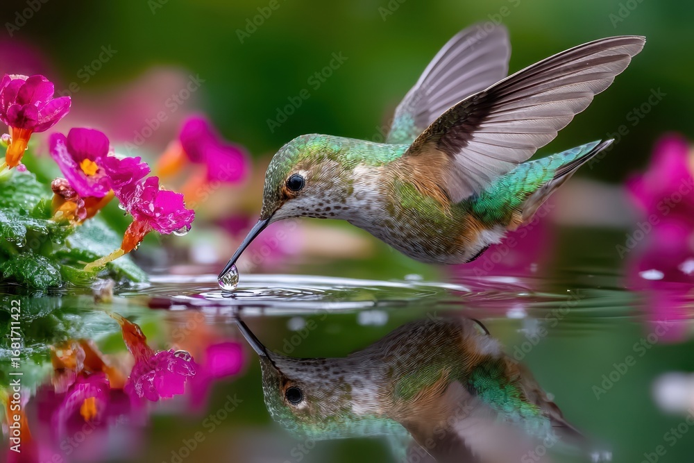 Fototapeta premium Hummingbird feeding at a tranquil garden pond surrounded by colorful flowers in the morning light