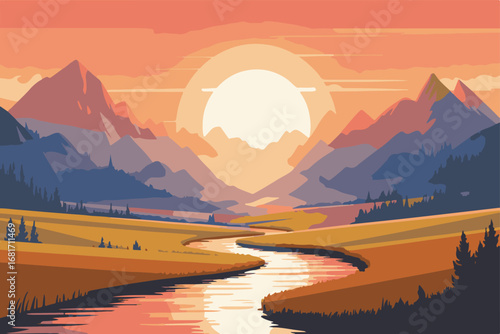 Flat Vector Sunset Mountain River Landscape with Golden Sky