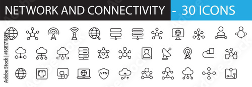 Network Icon Set – 30 Thin Line Vector Icons for Connectivity, Cloud Computing, Servers, Routers, Wireless Signals, and Data Sharing – Minimalist Design for UI, IT, and Web Infrastructure