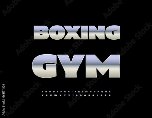 Vector Sports emblem Boxing Gym. Bold Metallic Font. Trendy Silver Alphabet Letters and Numbers