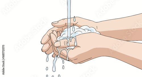Global Handwashing Day assets: Illustration of hands washing with soap and water for hygiene, health, and cleanliness.