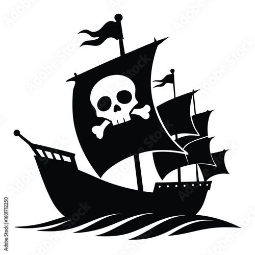 Black silhouette pirate ship with Jolly Roger flag on white background skull and crossbones