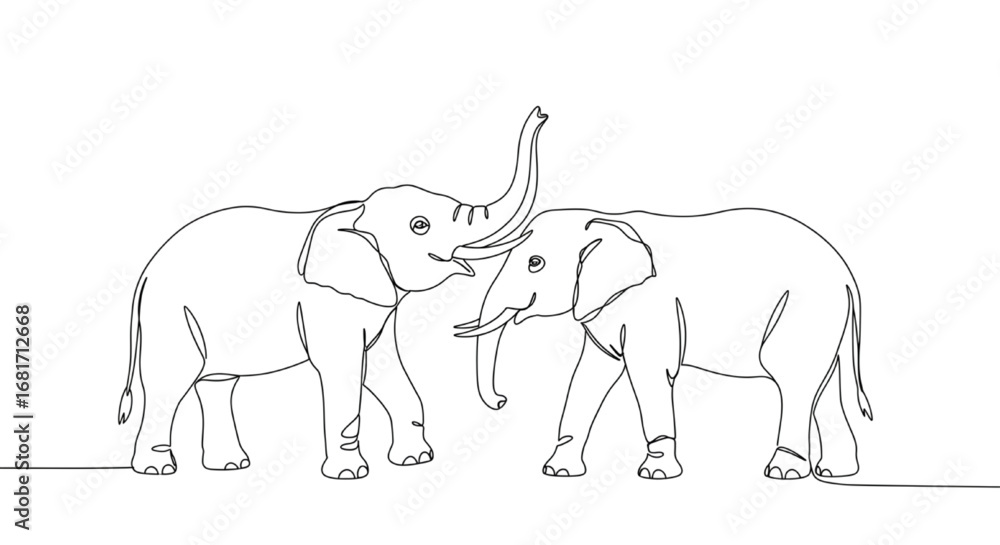 Obraz premium One continuous line drawing of an elephant with trunk raised, minimal abstract line art