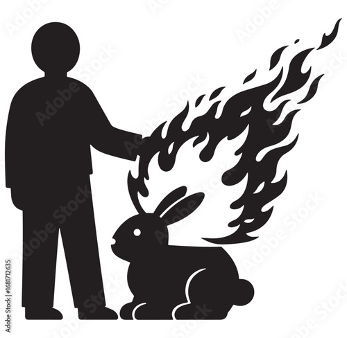 Silhouette of a person touching a burning rabbit conceptual illustration symbolism