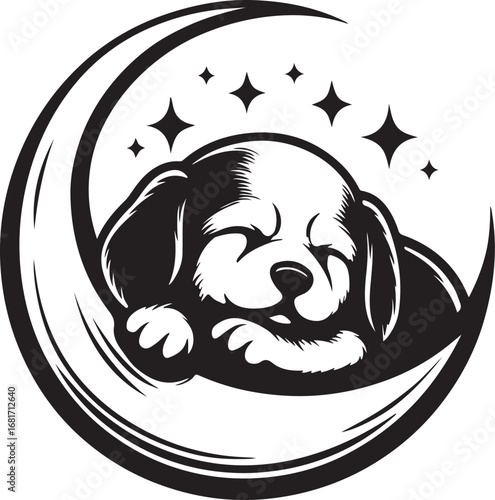Adorable Sleeping Puppy in Crescent Moon, Black and White Vector Illustration, Sweet Dreams Design