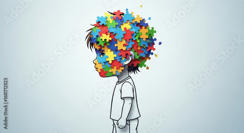 Little Boy Puzzle Head Concept | Colorful Paper Cut Child Silhouette Illustration