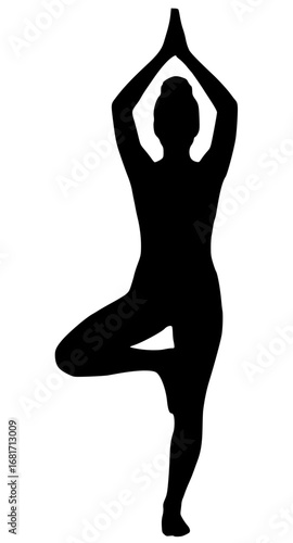 Realistic Female Tree Pose Silhouette, Woman Vrikshasana Black Vector, Female Yoga Standing Clipart