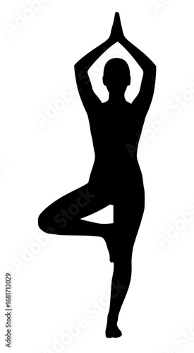 Realistic Female Tree Pose Silhouette, Woman Vrikshasana Black Vector, Female Yoga Standing Clipart