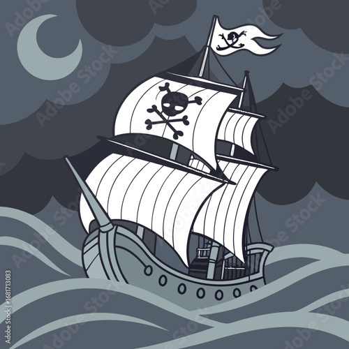Black silhouette pirate ship with skull flag sailing on wavy sea under crescent moon ocean waves