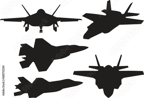 Fighter jet silhouette, stealth aircraft icoside view aircraft, combat planeFighter jet silhouette, stealth aircraft icon, military aviation graphic, warplane vector, top view jet, side vi