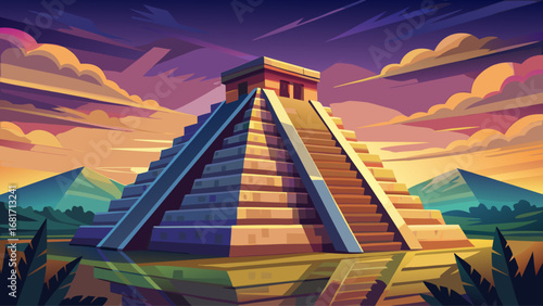 Chichén Itzá, Mexico, reveals towering Mayan pyramid El Castillo against a twilight sky. Angular geometry dominates perspective; semi-realistic flat vector capturing monumental symmetry and cultural 