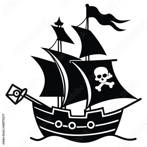 Black silhouette pirate ship with skull Jolly Roger and unique stern detail white background