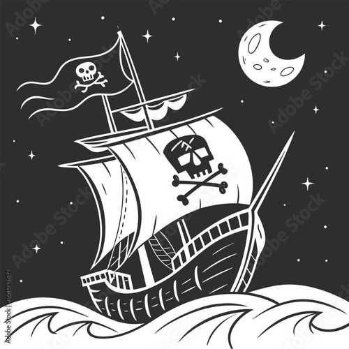 Black silhouette pirate ship with skull flag sails on waves under moon and stars black and white