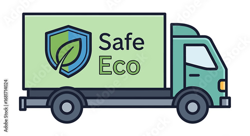 Green ecofriendly delivery truck with a shield and leaf logo, isolated on white background