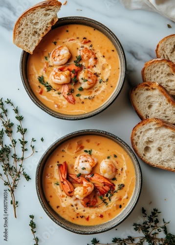Delicious Shrimp Chowder Served With Fresh Bread on a Marble Countertop