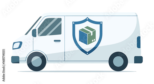 White delivery van with a shield and package logo isolated on white background