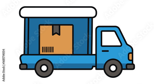 Blue delivery truck with a package inside, isolated on white background