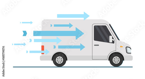 White delivery van in motion with blue arrows indicating speed and movement