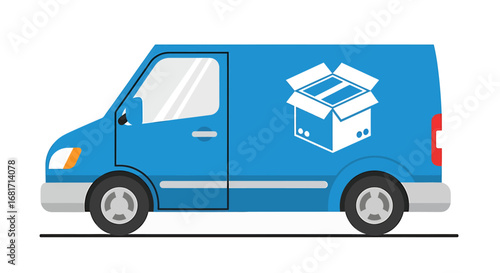 Blue delivery van with an open box on the side, isolated on white background